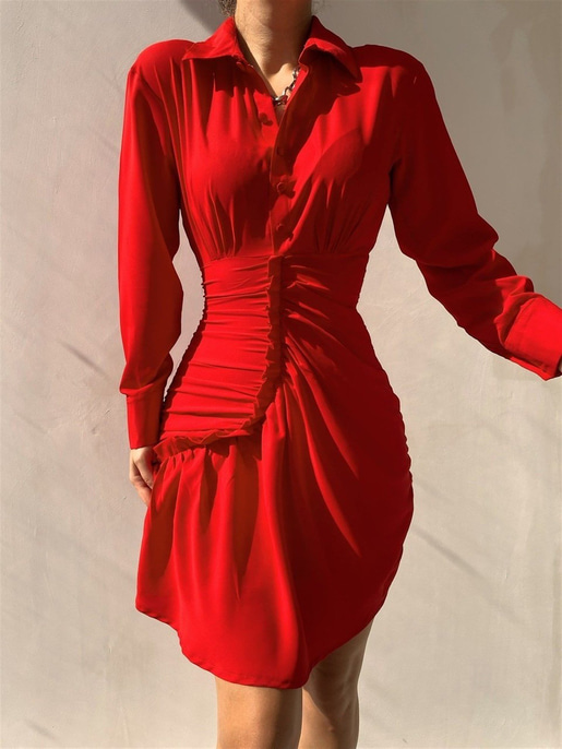 Gömlek Yaka Eteği Fırfırlı Jully Kadın Kırmızı Mini Elbise 22K000001