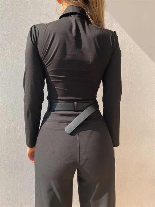 Gömlek Yaka Göğüsü Pencere Detay Kadın Siyah Bodysuit 21Y000548