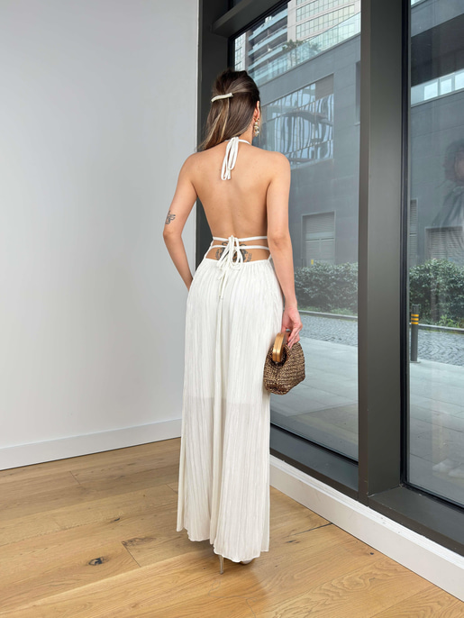 Halter Yaka Sırt Dekolteli Danle Beyaz Kadın Elbise 25Y129