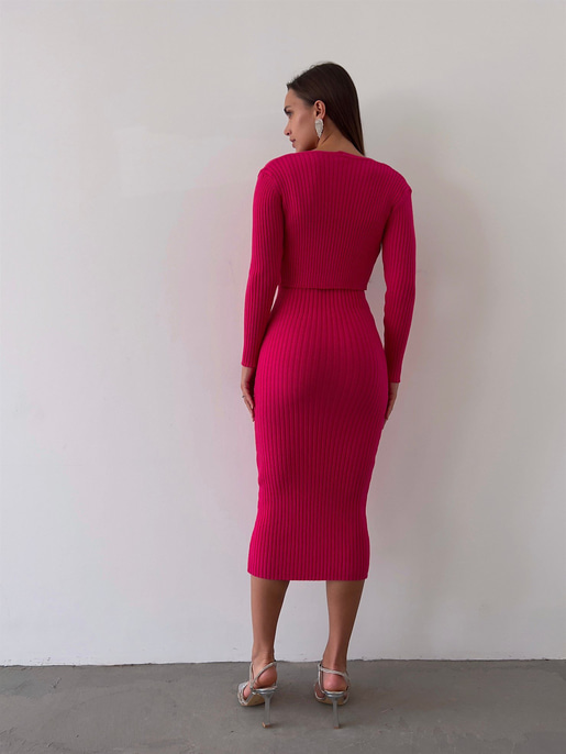 Hırkası Düğme Kapamalı Kalp Yaka Askılı Triko Milena Kadın Fuşya Midi Boy Takım Elbise 23K000157