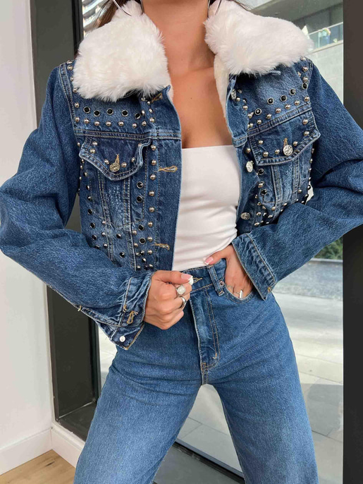 İçi Sökülebilir Kürklü Zımbalı Kadın Mavi Kot Ceket 24k000184