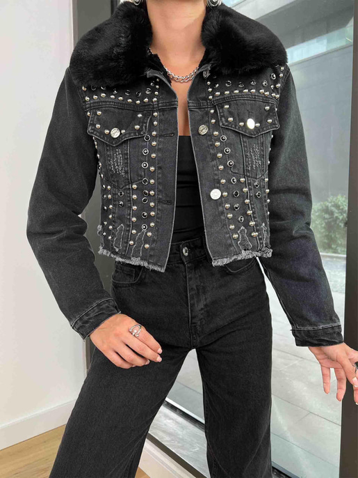 İçi Sökülebilir Kürklü Zımbalı Kadın Siyah Kot Ceket 24k000184