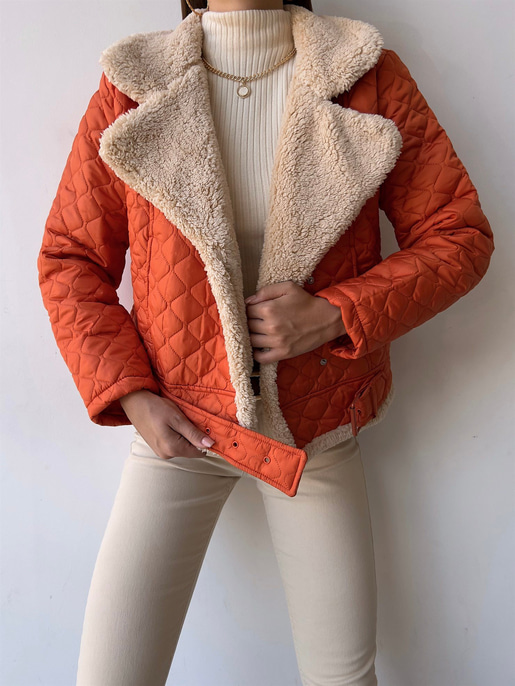 İçi Vegan Kürklü Çıtçıt Kapamalı Ve Kemerli Kapitone Jianna Kadın Turuncu Mont 23K000066