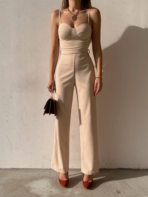 İnce Askı Göğüs Kuplu Geniş Paça Bethany Kadın Bej Renk Tulum 22Y000014