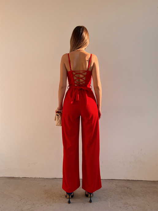 İnce Askı Göğüs Kuplu Geniş Paça Bethany Kadın Kırmızı Tulum 22Y000014