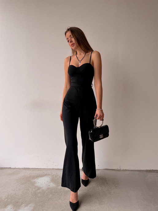 İnce Askı Göğüs Kuplu Geniş Paça Bethany Kadın Siyah Tulum 22Y000014