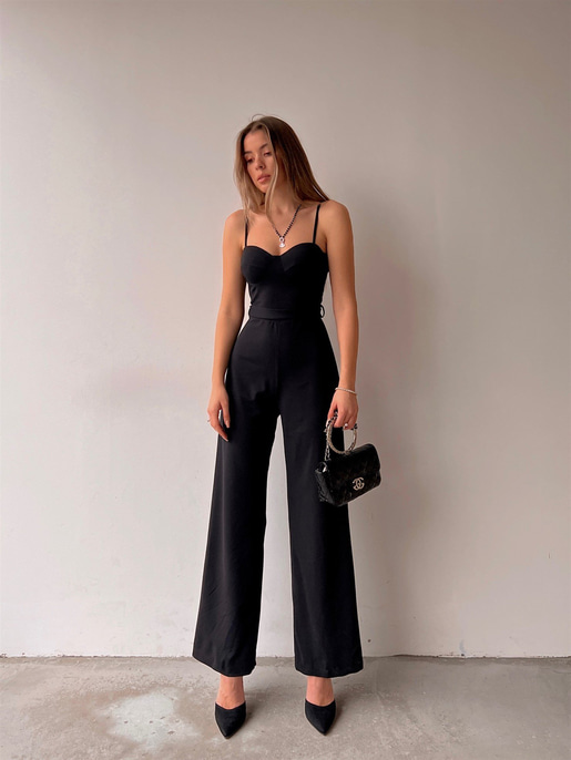 İnce Askı Göğüs Kuplu Geniş Paça Bethany Kadın Siyah Tulum 22Y000014