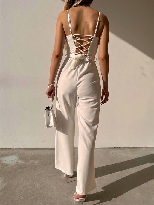 İnce Askı Göğüs Kuplu Geniş Paça Bethany Kadın Beyaz Tulum 22Y000014