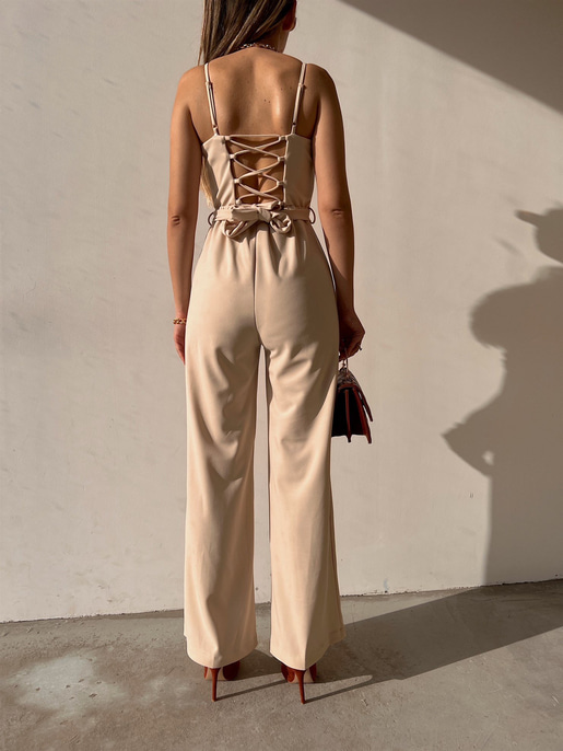 İnce Askı Göğüs Kuplu Geniş Paça Bethany Kadın Bej Renk Tulum 22Y000014