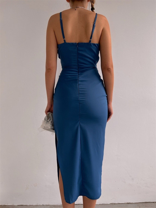 İnce Askı Kruvaze Yandan Yırtmaçlı Vanessa Kadın Mavi Elbise 22K000541