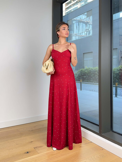 İnce Askılı Arkası Gipeli Nicoly Bordo Kadın Elbise 24Y104
