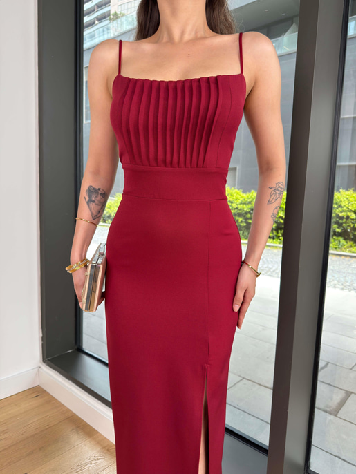 İnce Askılı Belden Oturtmalı Soul Bordo Kadın Yırtmaçlı Elbise 25Y097