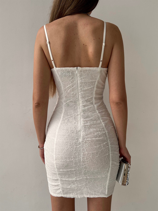 İnce Askılı Dantel Göğüs Kuplu Mini Boy Brent Kadın Beyaz Elbise 22Y000222