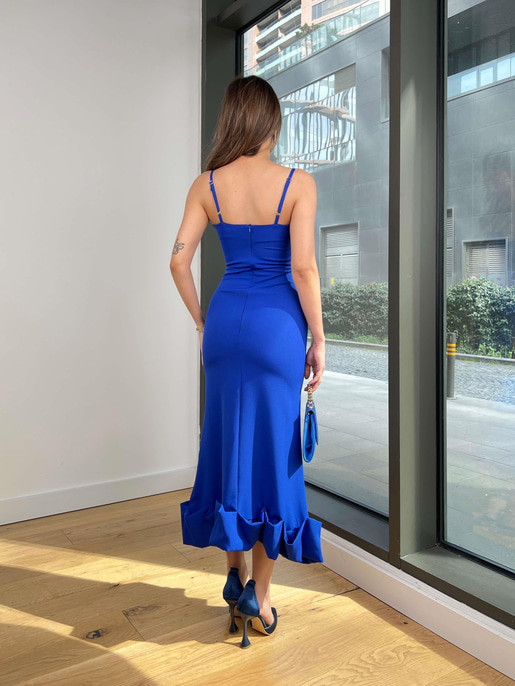 İnce Askılı Etek Ucu Volanlı Raha Kadın Saks Elbise 23Y000203