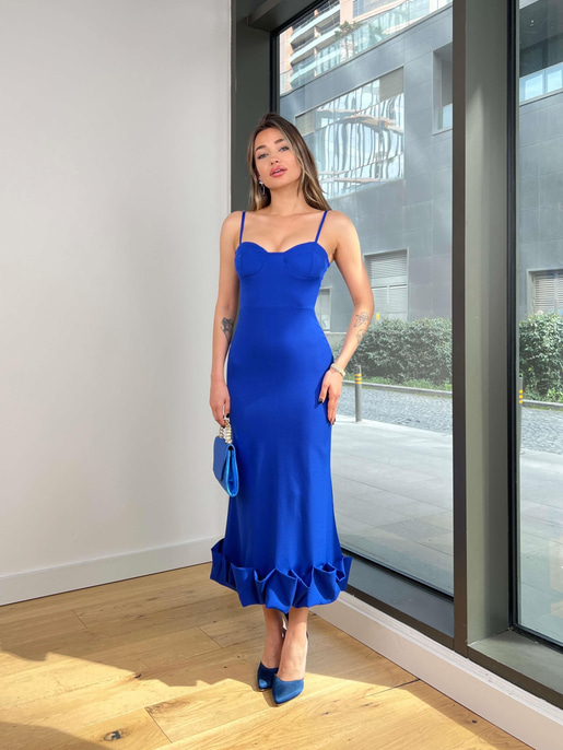 İnce Askılı Etek Ucu Volanlı Raha Kadın Saks Elbise 23Y000203