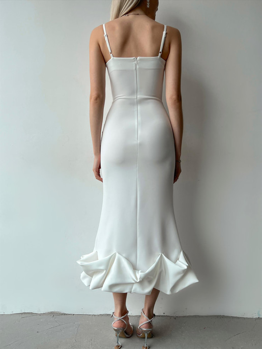 İnce Askılı Etek Ucu Volanlı Raha Kadın Beyaz Elbise 23Y000203