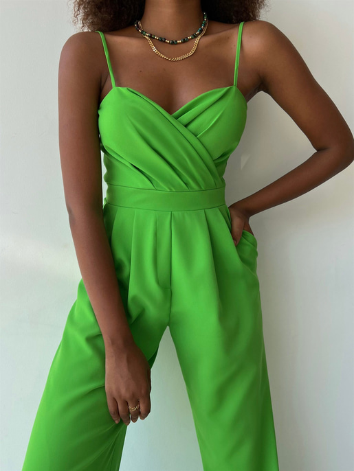 İnce Askılı Kruvaze Yaka Önü Pileli Zama Kadın Yeşil Tulum 22Y000445