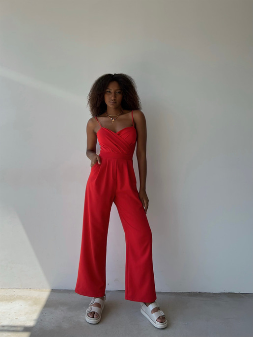 İnce Askılı Kruvaze Yaka Önü Pileli Zama Kadın Kırmızı Tulum 22Y000445