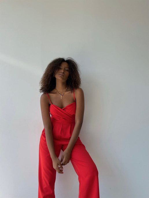 İnce Askılı Kruvaze Yaka Önü Pileli Zama Kadın Kırmızı Tulum 22Y000445