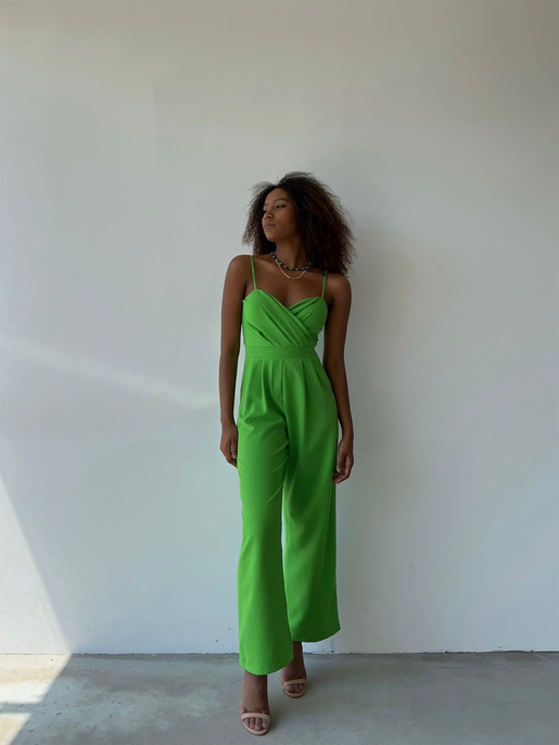 İnce Askılı Kruvaze Yaka Önü Pileli Zama Kadın Yeşil Tulum 22Y000445