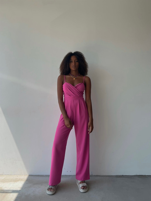 İnce Askılı Kruvaze Yaka Önü Pileli Zama Kadın Fuşya Tulum 22Y000445