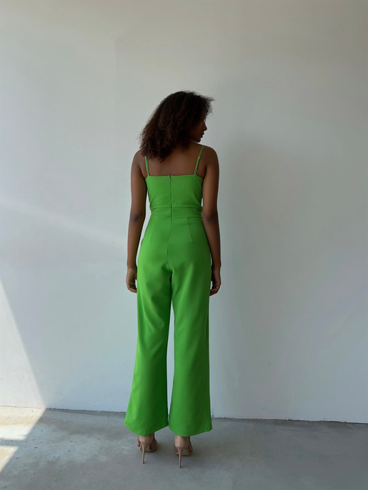 İnce Askılı Kruvaze Yaka Önü Pileli Zama Kadın Yeşil Tulum 22Y000445