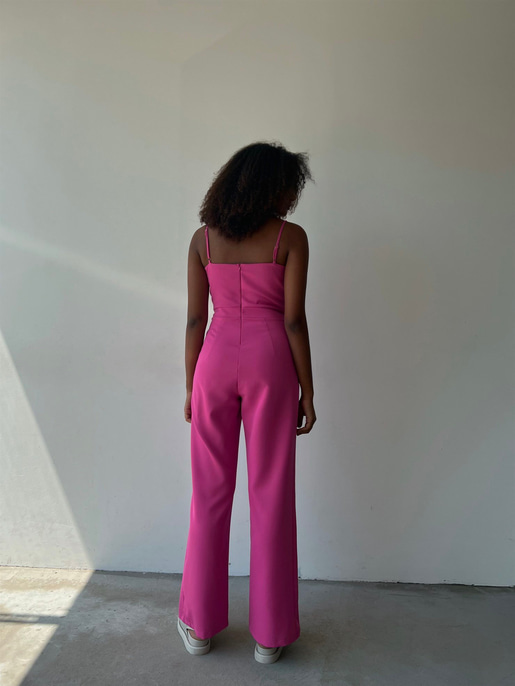 İnce Askılı Kruvaze Yaka Önü Pileli Zama Kadın Fuşya Tulum 22Y000445