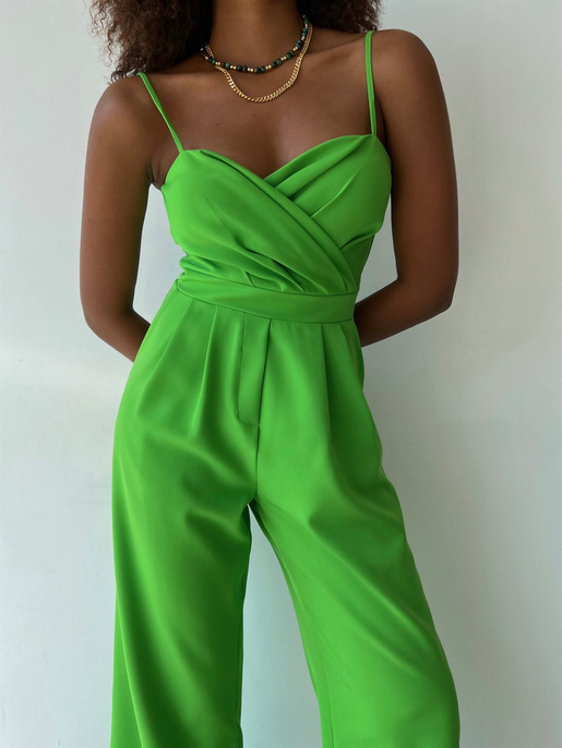 İnce Askılı Kruvaze Yaka Önü Pileli Zama Kadın Yeşil Tulum 22Y000445