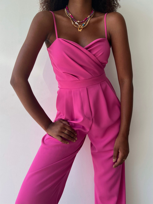 İnce Askılı Kruvaze Yaka Önü Pileli Zama Kadın Fuşya Tulum 22Y000445