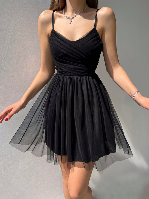 İnce Askılı Mini Boy Astarlı Tül Kumaş Layne Kadın Siyah Elbise 22Y000256