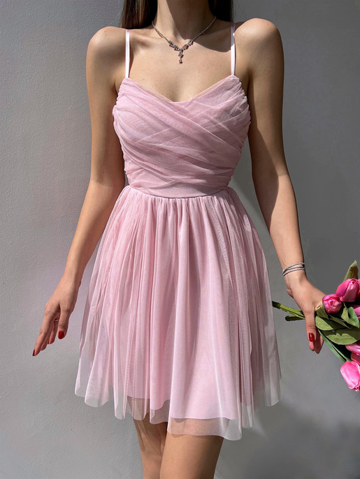 İnce Askılı Mini Boy Astarlı Tül Kumaş Layne Kadın Pudra Elbise 22Y000256