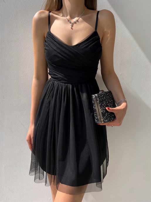 İnce Askılı Mini Boy Astarlı Tül Kumaş Layne Kadın Siyah Elbise 22Y000256