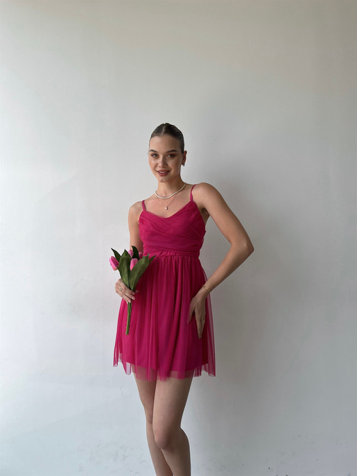 İnce Askılı Mini Boy Astarlı Tül Kumaş Layne Kadın Fuşya Elbise 22Y000256