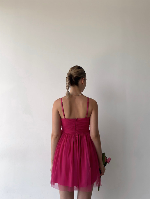 İnce Askılı Mini Boy Astarlı Tül Kumaş Layne Kadın Fuşya Elbise 22Y000256