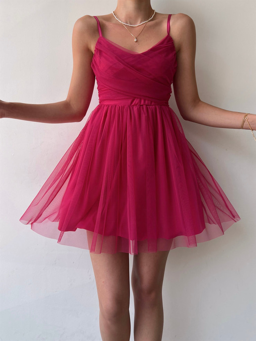 İnce Askılı Mini Boy Astarlı Tül Kumaş Layne Kadın Fuşya Elbise 22Y000256