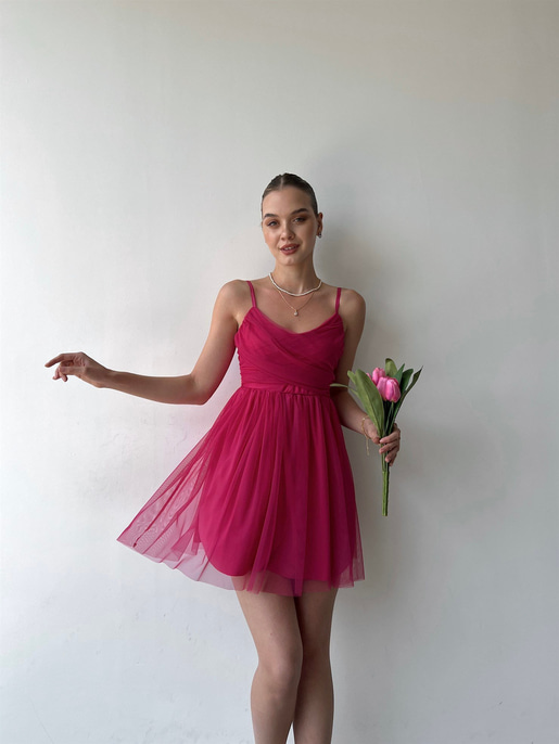 İnce Askılı Mini Boy Astarlı Tül Kumaş Layne Kadın Fuşya Elbise 22Y000256