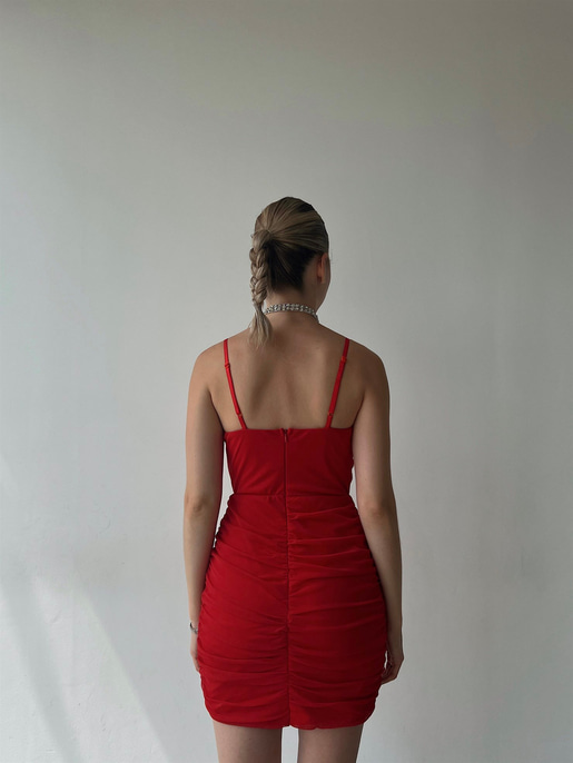 İnce Askılı Tül Göğüsü V Detay Drapeli Zaniel Kadın Kırmızı Elbise 22Y000363