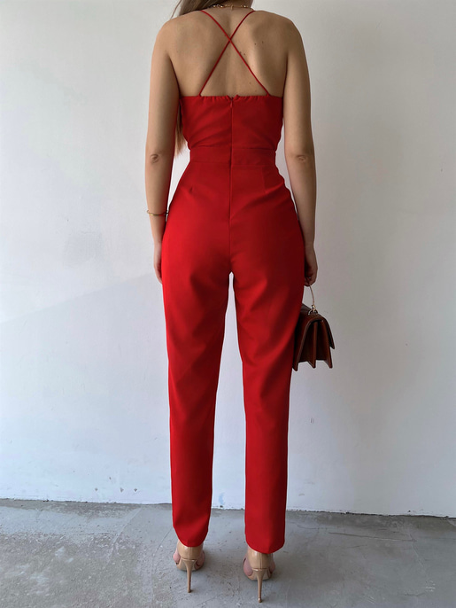 İnce Askılı Yakası Tül Detay Pileli Saul Kadın Kırmızı Tulum 22Y000284