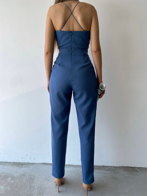 İnce Askılı Yakası Tül Detay Pileli Saul Kadın İndigo Tulum 22Y000284