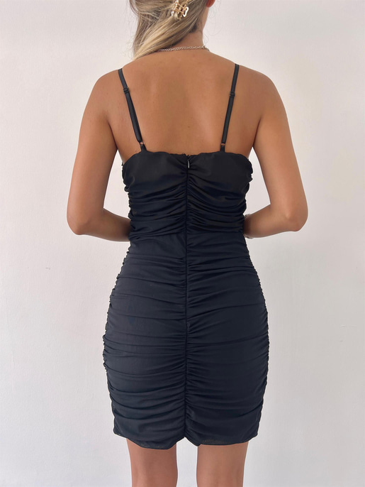 İnce Saten Askılı Drapeli Tül Kumaş Mini Vita Kadın Siyah Elbise 22Y000361