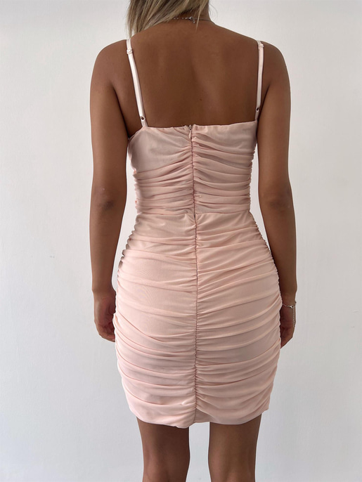 İnce Saten Askılı Drapeli Tül Kumaş Mini Vita Kadın Pudra Elbise 22Y000361