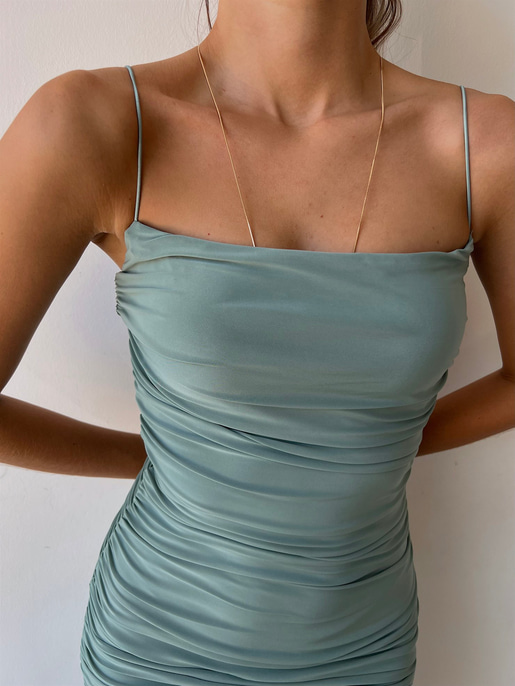 İp Askılı Büzgülü Likra Kumaş Destiny Kadın Mint Kalem Elbise 22Y000057