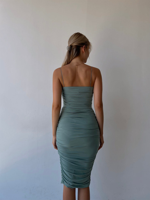 İp Askılı Büzgülü Likra Kumaş Destiny Kadın Mint Kalem Elbise 22Y000057