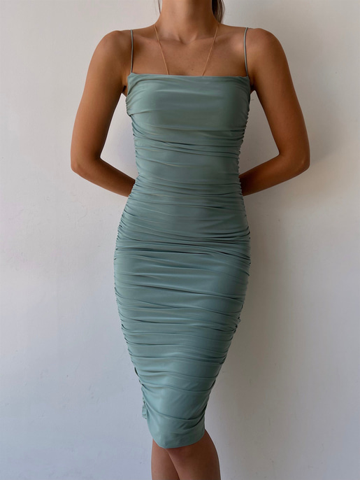 İp Askılı Büzgülü Likra Kumaş Destiny Kadın Mint Kalem Elbise 22Y000057