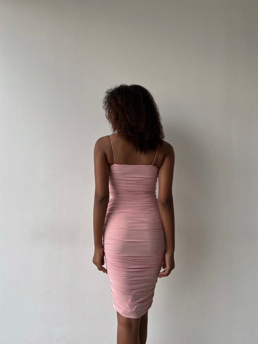 İp Askılı Büzgülü Likra Kumaş Destiny Kadın Pudra Kalem Elbise 22Y000057