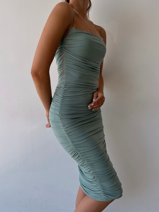 İp Askılı Büzgülü Likra Kumaş Destiny Kadın Mint Kalem Elbise 22Y000057