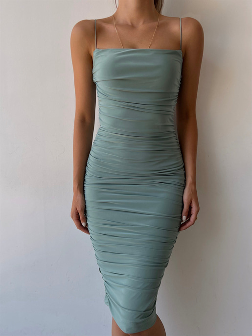 İp Askılı Büzgülü Likra Kumaş Destiny Kadın Mint Kalem Elbise 22Y000057