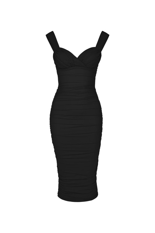 Kalın Askı Kalp Yaka Drapeli Tamia Kadın Siyah Midi Elbise 23Y000029