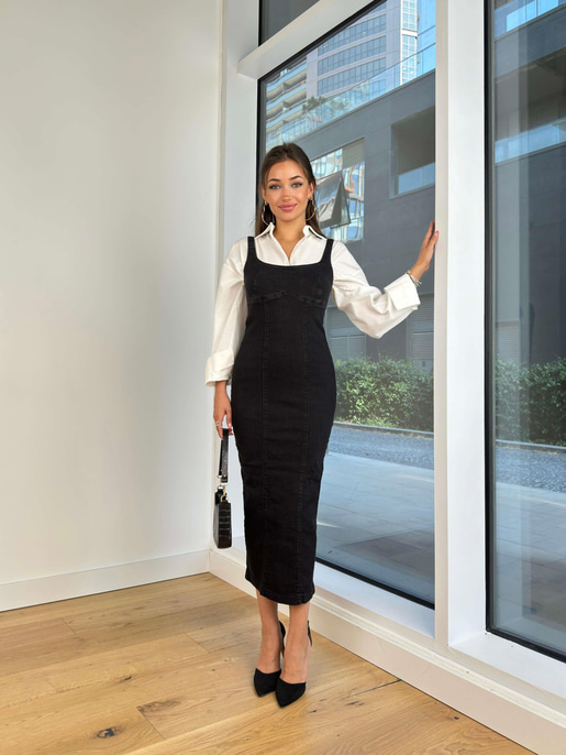 Kalın Askılı Arkası Fermuar Ve Yırtmaçlı Azimute Kadın Siyah Kalem Kot Elbise 24k000165