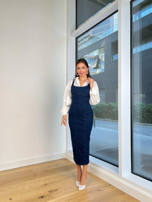 Kalın Askılı Arkası Fermuar Ve Yırtmaçlı Azimute Kadın Mavi Kalem Elbise 24k000165